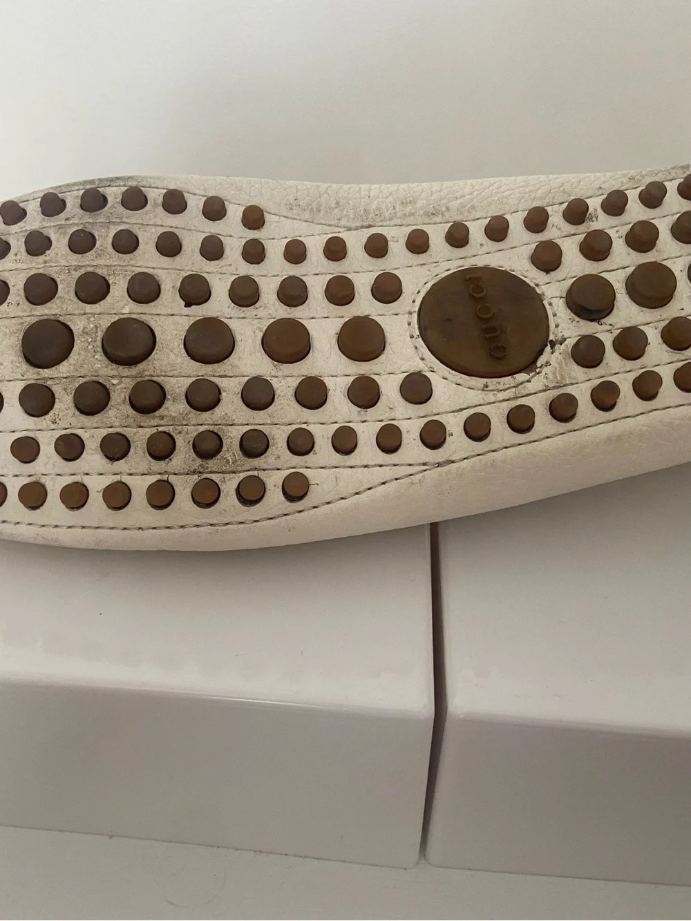 Authentic Gucci White Leather Men's Horsebit Loafers